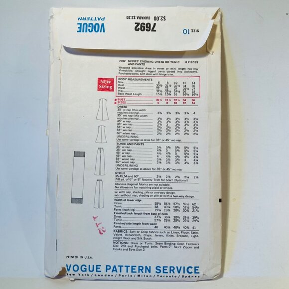 1960s Wrap Dress Tunic Pants Stole Vogue 7692 Size 10 B 32.5 Uncut - Picture 4 of 7